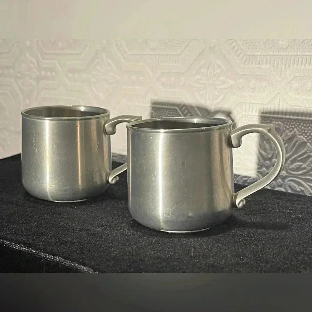 Vintage set of 2 Malaysia TUMASEK 97% PEWTER Children Baby Cups / Mugs